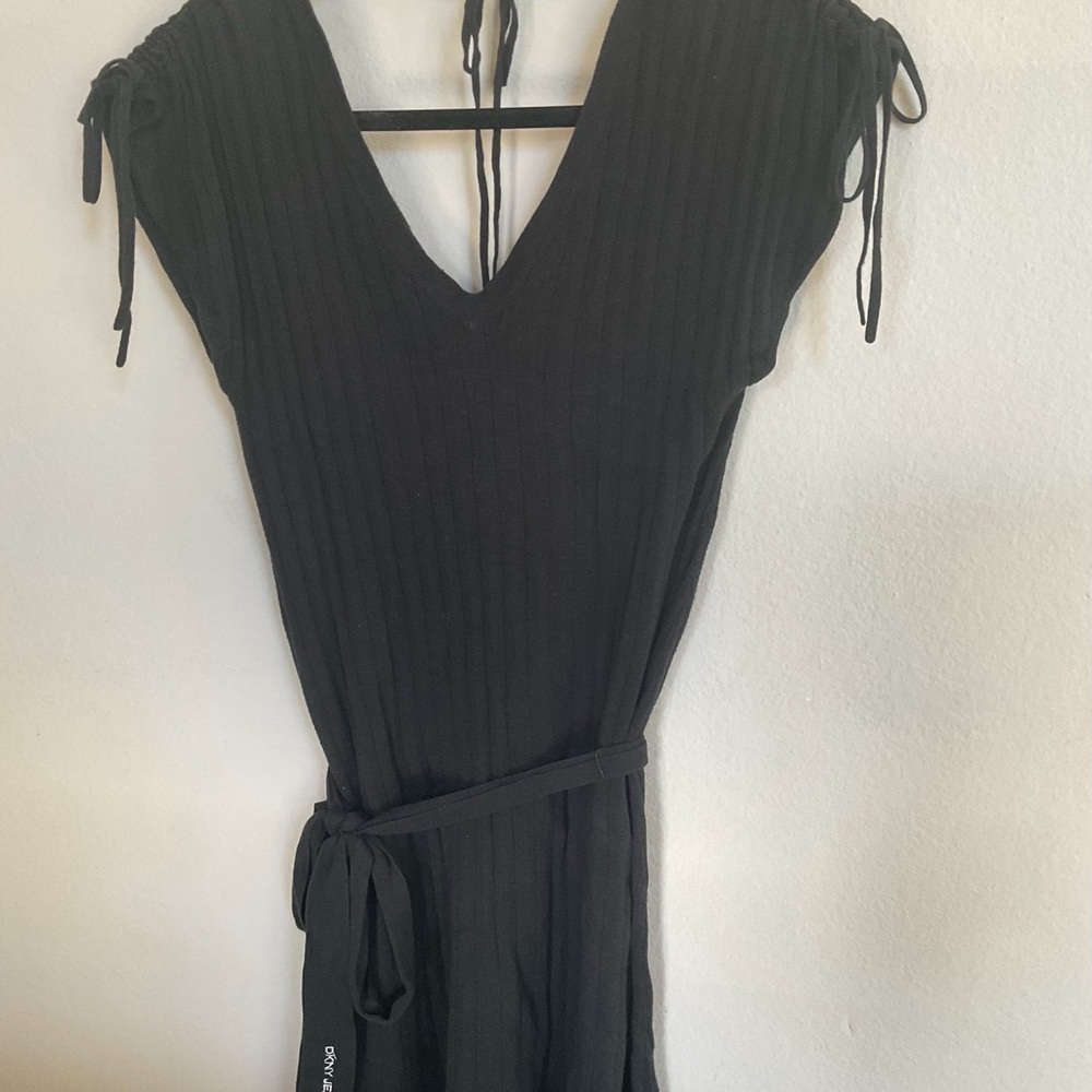 Black sweater dress with ties at both shoulders and belted, really pretty